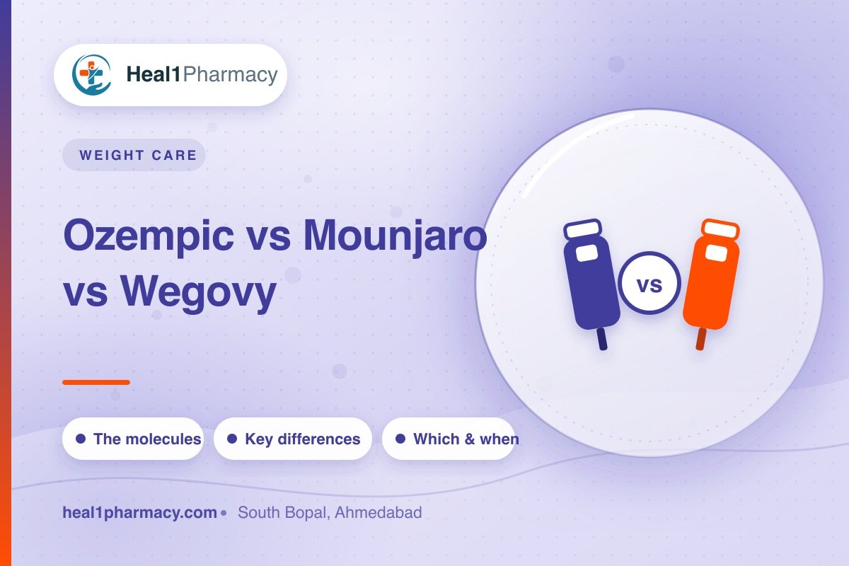 Ozempic vs Mounjaro vs Wegovy: How They Differ — Heal1 Pharmacy, South Bopal, Ahmedabad